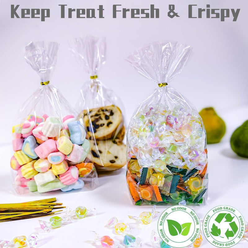 QOIUSO 50 Pcs 8x11 Inch Clear Gift Bags with Bottom Gusset â€“ Flat Bottom Cellophane Goodie Bags for Candy, Treats, Cookies, Bakery, Valentines and Easter Small Party Favors- 60 Gold Twist Ties - Image 5