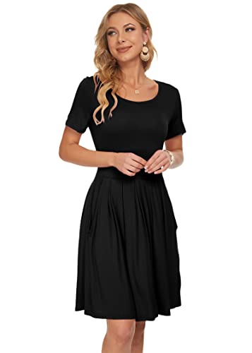 AUSELILY Women's Short Sleeve Summer Dress Pleated Loose Swing Knee Length Dresses with Pockets 2025 Black S - Image 5