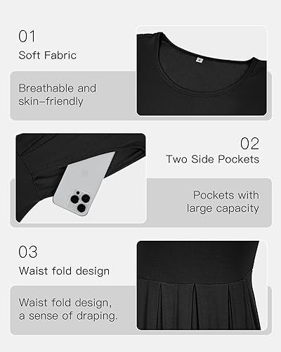 AUSELILY Women's Short Sleeve Summer Dress Pleated Loose Swing Knee Length Dresses with Pockets 2025 Black S - Image 2
