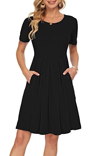 AUSELILY Women's Short Sleeve Summer Dress Pleated Loose Swing Knee Length Dresses with Pockets 2025 Black S - Image 3
