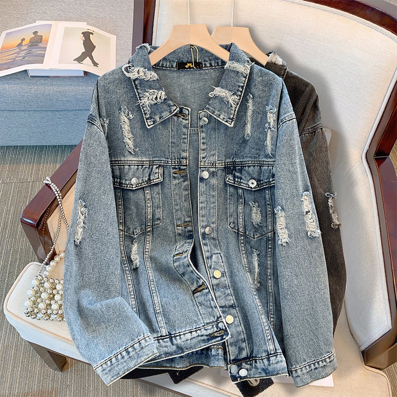 Plus Size Denim Jacket Ripped Casual Long Sleeve 2024 Blue (shipped within 15 days)