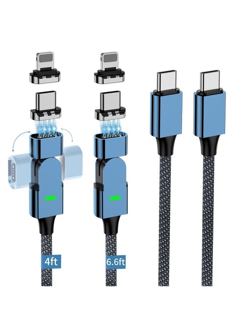 100W 180° Magnetic Charging Cable, 2-in-1 USB C to USB C/Lightning Charger (2 Pack, 4ft & 6.6ft), 480Mbps Data Transfer for iPhone 15, iPad, MacBook Pro, Galaxy S22 (Blue)