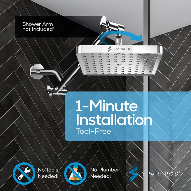 SparkPod Shower Head - High Pressure Rain - Premium Quality Luxury Design - Easy Clean Adjustable Replacement for Your Bathroom Shower Heads (Luxury Polished Chrome, 8 Inch Square) - Image 4