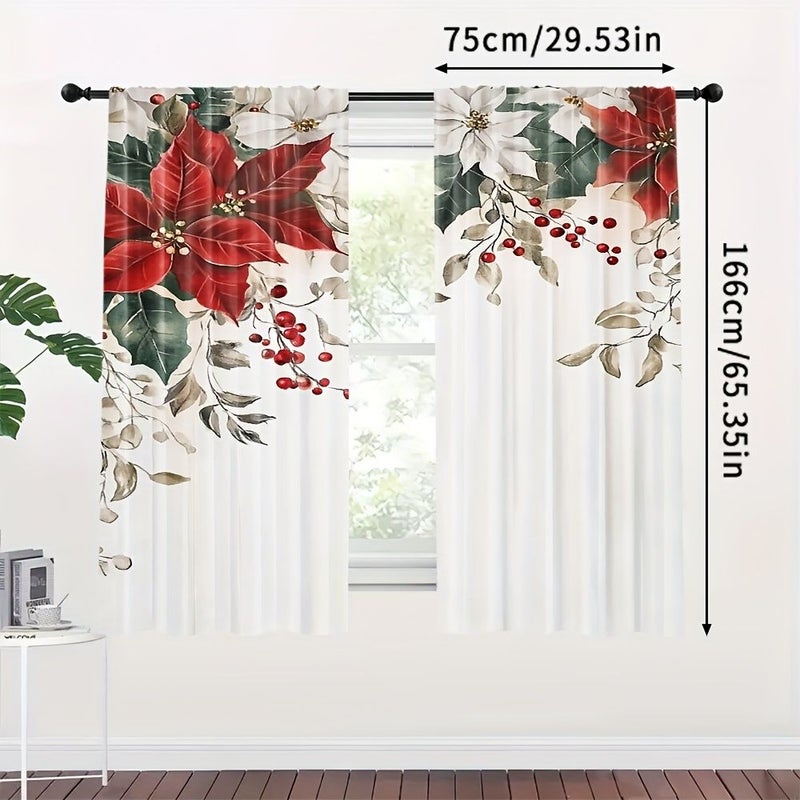 2pcs Festive Red Poinsettia Curtains 75x166cm Extra Large Holiday Decor Light Filtering Polyester for Living Room Bedroom Kitchen Holly and Berry Design - Image 5