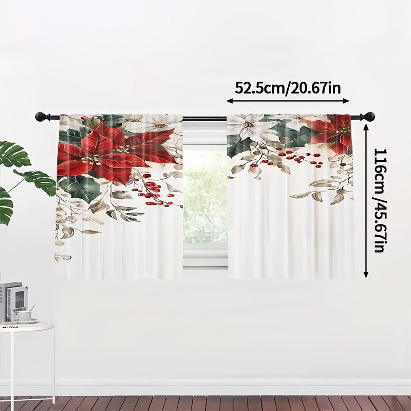 2pcs Festive Red Poinsettia Curtains 75x166cm Extra Large Holiday Decor Light Filtering Polyester for Living Room Bedroom Kitchen Holly and Berry Design - Image 3