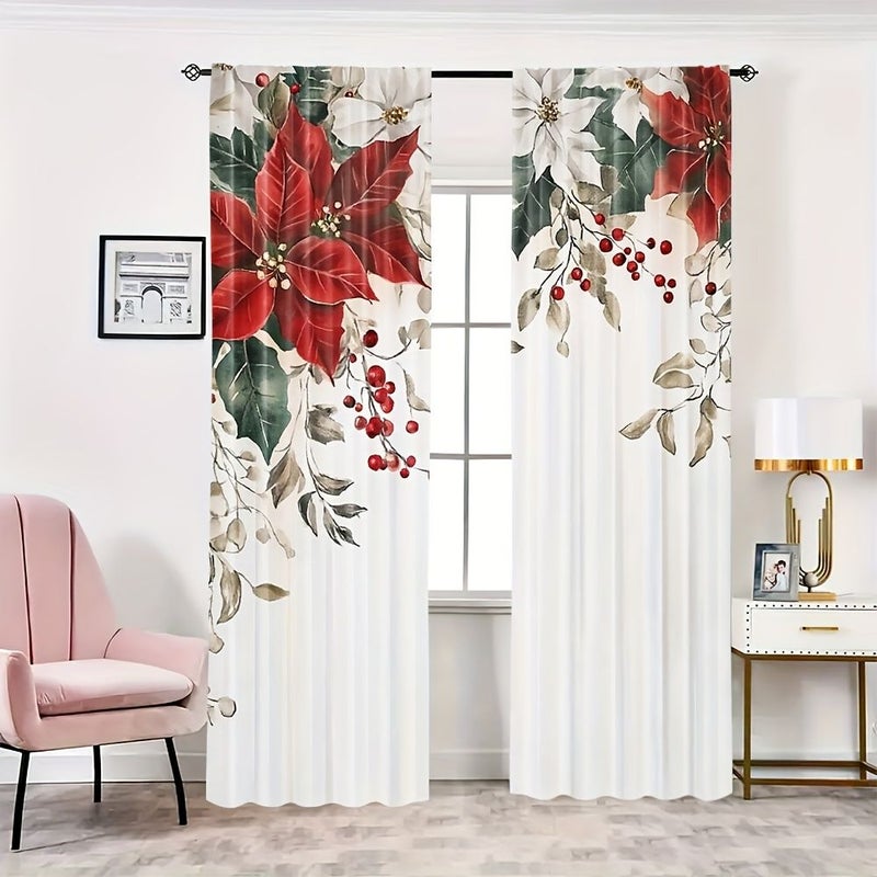 2pcs Festive Red Poinsettia Curtains 75x166cm Extra Large Holiday Decor Light Filtering Polyester for Living Room Bedroom Kitchen Holly and Berry Design - Image 2