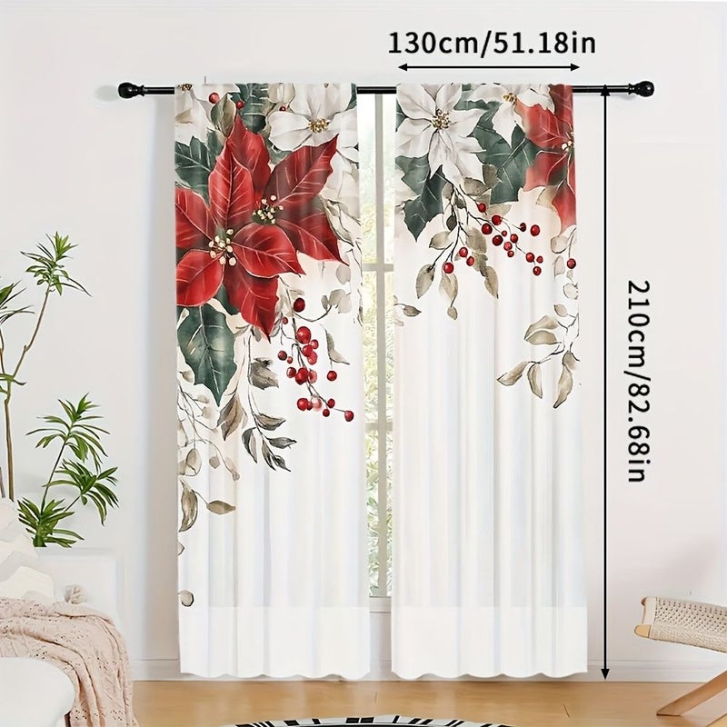 2pcs Festive Red Poinsettia Curtains 75x166cm Extra Large Holiday Decor Light Filtering Polyester for Living Room Bedroom Kitchen Holly and Berry Design - Image 4