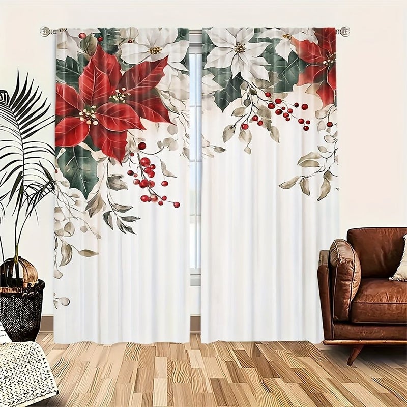 2pcs Festive Red Poinsettia Curtains 75x166cm Extra Large Holiday Decor Light Filtering Polyester for Living Room Bedroom Kitchen Holly and Berry Design - Image 1