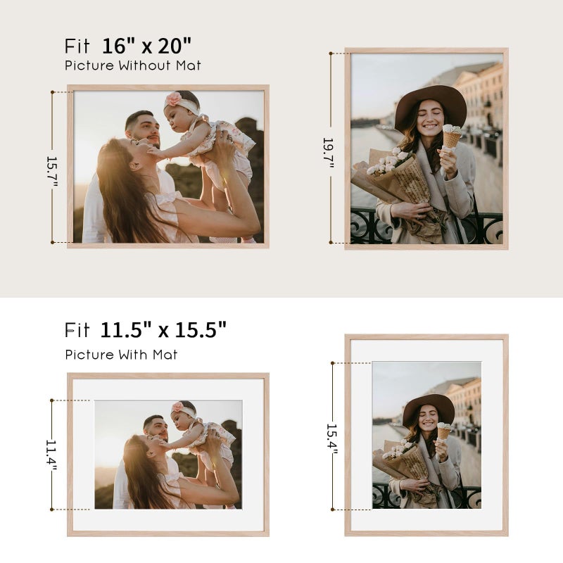 puthiac 16x20 Solid Oak Wood Picture Frame, Fits 12x16 with Mat or 16x20 Without Mat, Wall Display Only, Vertical or Horizontal, Plexi Front, 1 Pack, Natural Oak - Image 4