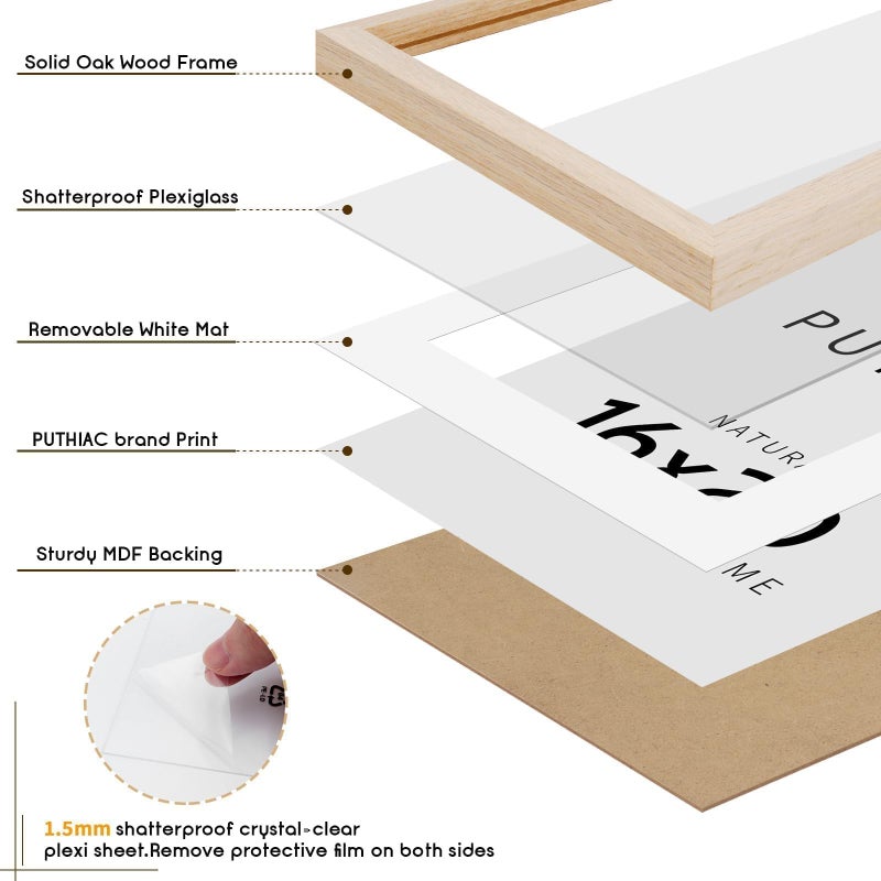 puthiac 16x20 Solid Oak Wood Picture Frame, Fits 12x16 with Mat or 16x20 Without Mat, Wall Display Only, Vertical or Horizontal, Plexi Front, 1 Pack, Natural Oak - Image 2
