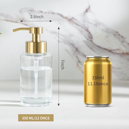 Enra Foam Soap Dispenser,12oz Thick Glass Bathroom Soap Dispenser with Stainless Steel Gold Pump for Bathroom Kitchen(Clear/Gold Poam Type) - Image 3