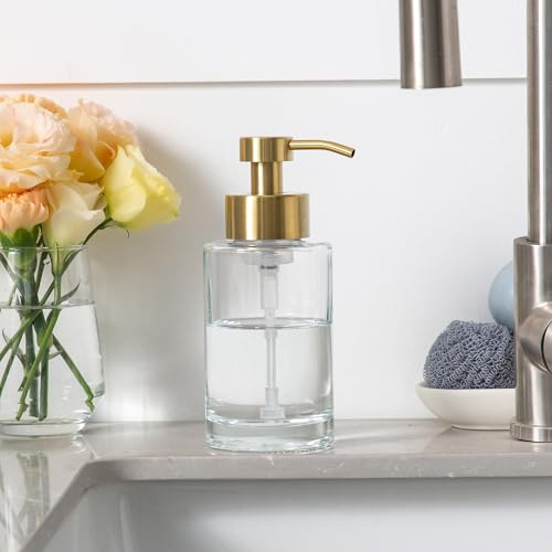 Enra Foam Soap Dispenser,12oz Thick Glass Bathroom Soap Dispenser with Stainless Steel Gold Pump for Bathroom Kitchen(Clear/Gold Poam Type) - Image 5