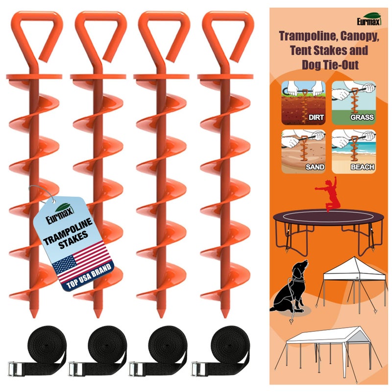 Eurmax USA Trampoline Stakes Heavy Duty Trampoline Parts Steel Stakes Anchor Kit for Trampolines Canopy Anchor Dog Tie Out Stakes Set of 4 Bonus 4 Strong BeltOrange