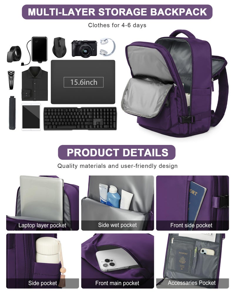 VGCUB Carry on Travel Backpack for Women Men Large Laptop Gym Work Frontier Airlines Personal Item Bag Business Airport Lightweight Backpack Flight Approved Mochilas de Viaje, Dark Purple - Image 5