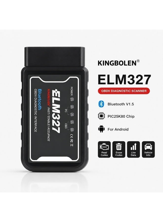 كينج بولين KINGBOLEN جهاز فحص أعطال السيارات ELM327 OBD2 بتقنية البلوتوث V1.5 مع شريحة PIC25K80 الأصلية، قارئ أكواد الأعطال، متوافق مع أجهزة Android - Image 1