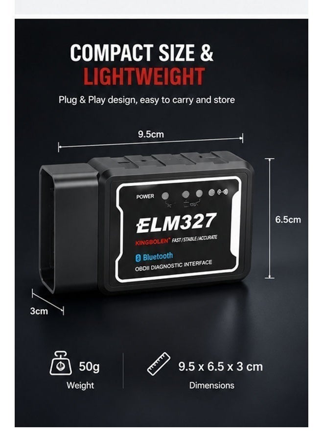 كينج بولين KINGBOLEN جهاز فحص أعطال السيارات ELM327 OBD2 بتقنية البلوتوث V1.5 مع شريحة PIC25K80 الأصلية، قارئ أكواد الأعطال، متوافق مع أجهزة Android - Image 5