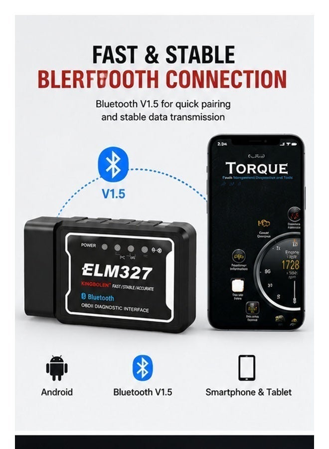 كينج بولين KINGBOLEN جهاز فحص أعطال السيارات ELM327 OBD2 بتقنية البلوتوث V1.5 مع شريحة PIC25K80 الأصلية، قارئ أكواد الأعطال، متوافق مع أجهزة Android - Image 3