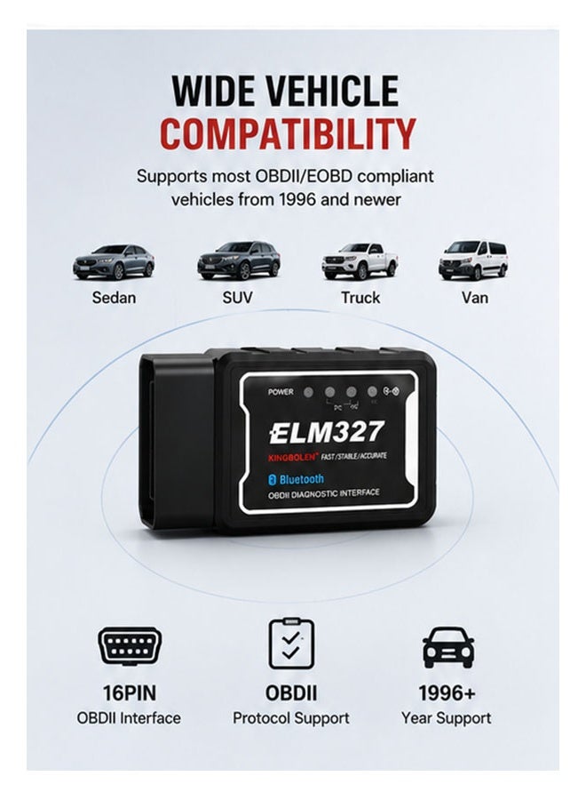 كينج بولين KINGBOLEN جهاز فحص أعطال السيارات ELM327 OBD2 بتقنية البلوتوث V1.5 مع شريحة PIC25K80 الأصلية، قارئ أكواد الأعطال، متوافق مع أجهزة Android - Image 4