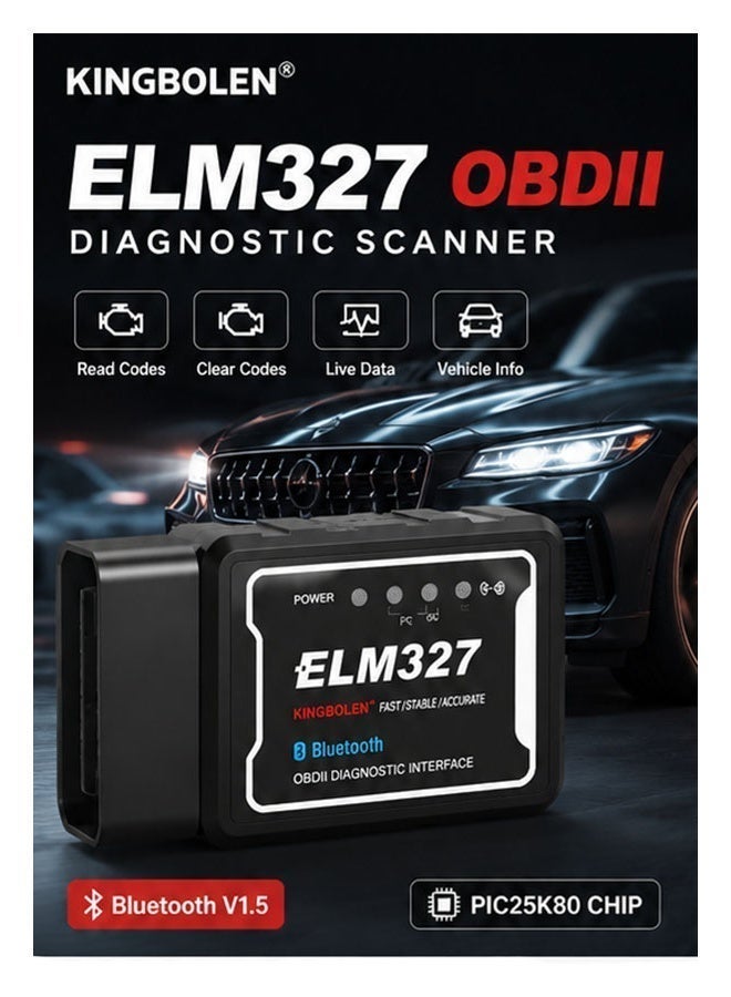 كينج بولين KINGBOLEN جهاز فحص أعطال السيارات ELM327 OBD2 بتقنية البلوتوث V1.5 مع شريحة PIC25K80 الأصلية، قارئ أكواد الأعطال، متوافق مع أجهزة Android - Image 2