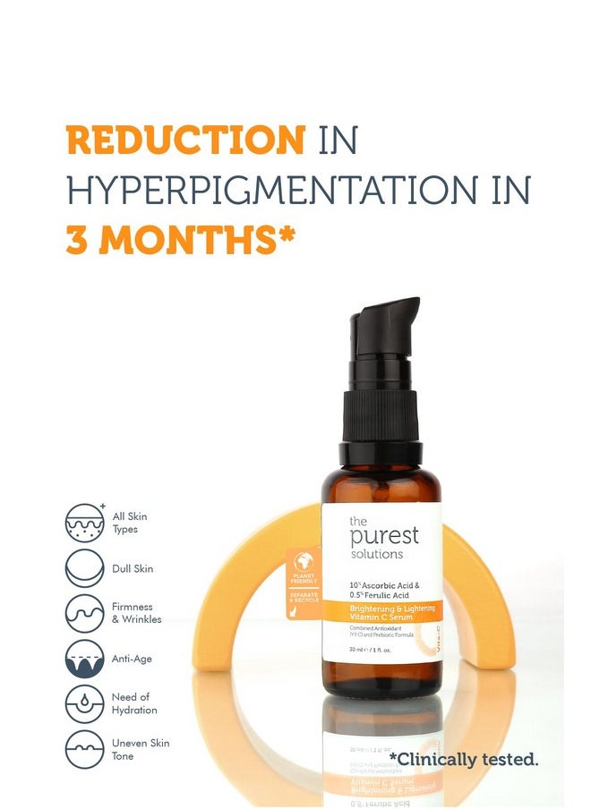 the purest solutions - Brightening & Lightening Vitamin C Serum (10% Ascorbic Acid & 0.5% Ferulic Acid) - Revitalize & Renew Dull Skin - Anti-Aging Care & Anti-Stress Care - Vegan (1 Fl. Oz) - Image 1