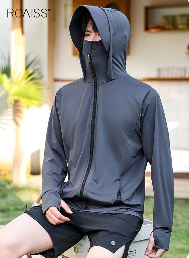 roaiss Men's UV Protection Sunscreen Hoodie, Full Zip Sun Protection Clothing, Lightweight with Upf 50+ Protection for Outdoors with Pockets and Brim Dark Grey - Image 3