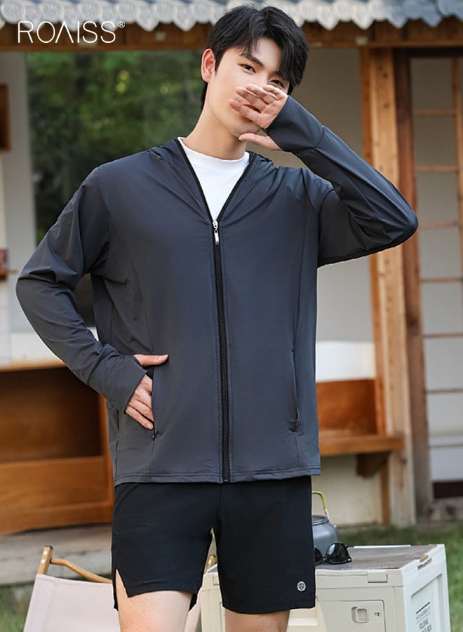 roaiss Men's UV Protection Sunscreen Hoodie, Full Zip Sun Protection Clothing, Lightweight with Upf 50+ Protection for Outdoors with Pockets and Brim Dark Grey - Image 2