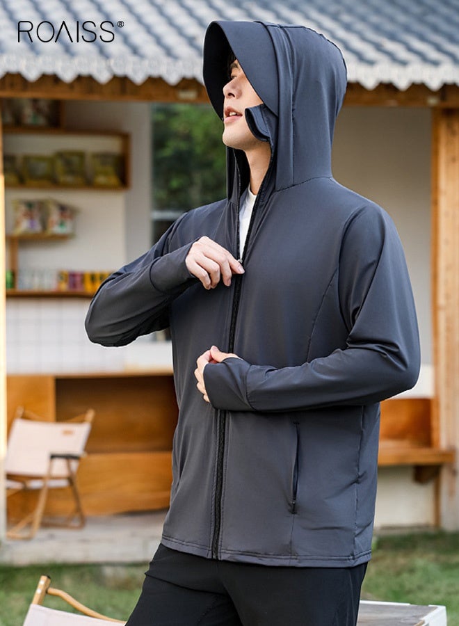 roaiss Men's UV Protection Sunscreen Hoodie, Full Zip Sun Protection Clothing, Lightweight with Upf 50+ Protection for Outdoors with Pockets and Brim Dark Grey - Image 1