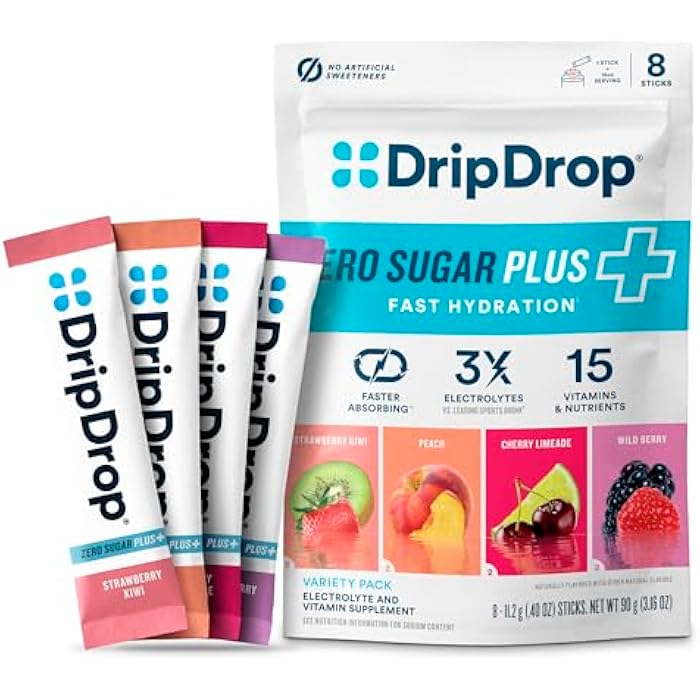 DripDrop Zero Sugar Plus - Sugar Free Hydration Packets - Single Serve Electrolytes Powder Drink Mix - Strawberry Kiwi, Peach, Cherry Limeade, Wild Berry - Non-GMO, Gluten Free, Vegan - 8 Sticks - Image 1