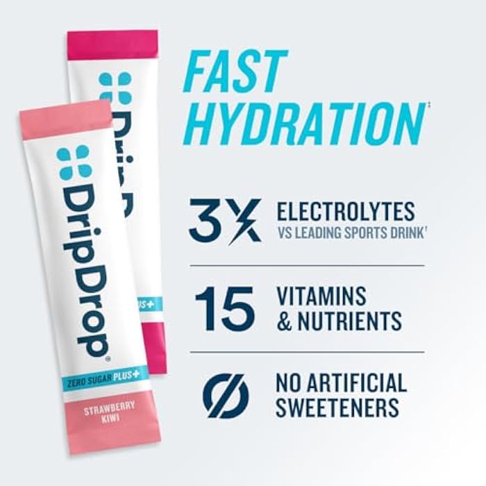 DripDrop Zero Sugar Plus - Sugar Free Hydration Packets - Single Serve Electrolytes Powder Drink Mix - Strawberry Kiwi, Peach, Cherry Limeade, Wild Berry - Non-GMO, Gluten Free, Vegan - 8 Sticks - Image 2