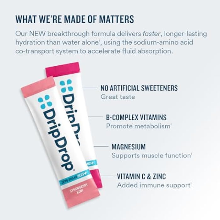 DripDrop Zero Sugar Plus - Sugar Free Hydration Packets - Single Serve Electrolytes Powder Drink Mix - Strawberry Kiwi, Peach, Cherry Limeade, Wild Berry - Non-GMO, Gluten Free, Vegan - 8 Sticks - Image 3