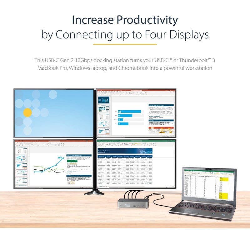 StarTech.com USB C Dock - 4K 60Hz Quad Monitor DisplayPort & HDMI - Universal USB-C Docking Station with 100W Power Delivery - USB Hub with 1x USB Type-C & 3x USB-A, Ethernet, Audio (DK31C4DPPDUE) - Image 2