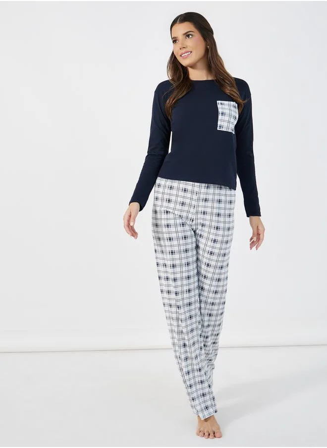 Styli Checked Print Pocket Dropped Shoulder T-Shirt & Pyjama Set