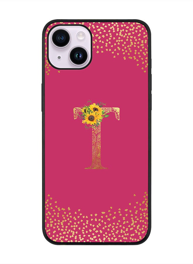 Stylizedd Rugged Black edge case for Apple iPhone 14, Slim fit Thin Cover -  Custom Monogram Initial Letter Mandala Floral Pattern Alphabet- T  (Dark Pink Rose ) - Image 1