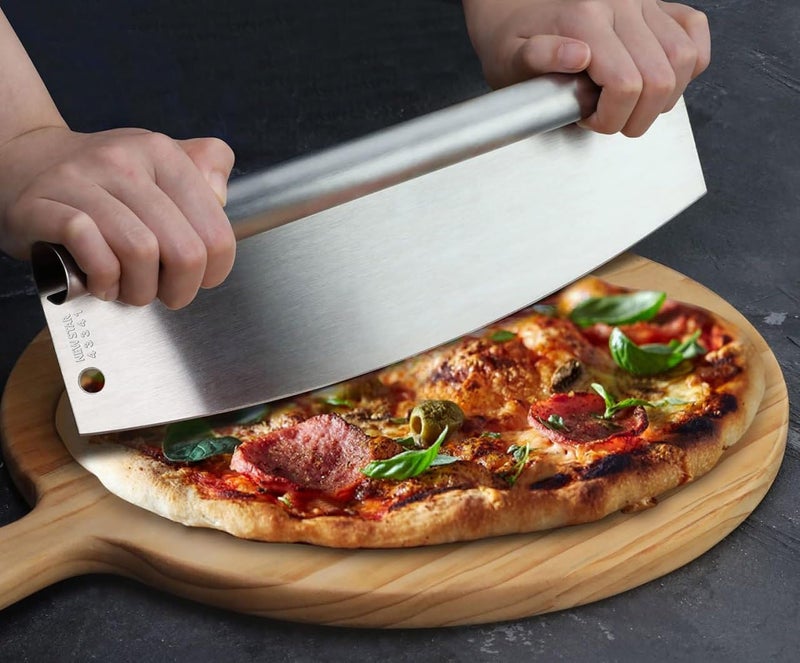 Shrux Pizza Cutter Sharpe Rocker Curved Blade Stainless Steel Pizza Slicer Tools Pastry Cookie Dough Scraper Cutter Chopper Bench Scraper Plain Sharpe Edges Blade Pizza Cutter Knife - Image 5