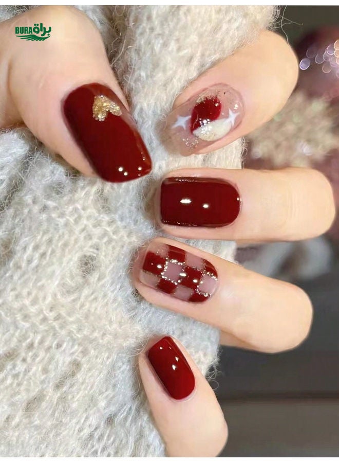 BURAQ Christmas Nail Art 24pcs/Set Christmas Red Tessellated Christmas Tree Press-On Patch Short Square Nail Art Set, + 1pc Gel Jelly + 1pc Nail File Decorate Your Nails And Enhance Your Fashionable Taste, Exquisite Design, Suitable For Women's Daily Life And Party Use, Suitable For Women's Gifts! - Image 1