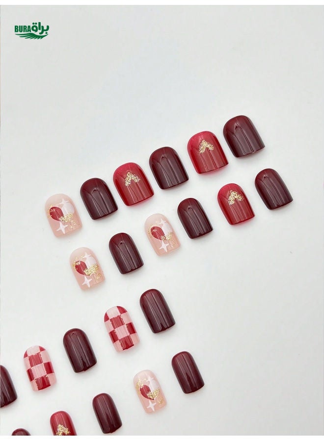 BURAQ Christmas Nail Art 24pcs/Set Christmas Red Tessellated Christmas Tree Press-On Patch Short Square Nail Art Set, + 1pc Gel Jelly + 1pc Nail File Decorate Your Nails And Enhance Your Fashionable Taste, Exquisite Design, Suitable For Women's Daily Life And Party Use, Suitable For Women's Gifts! - Image 3