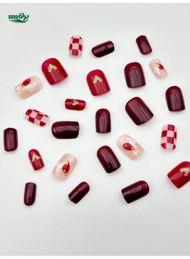BURAQ Christmas Nail Art 24pcs/Set Christmas Red Tessellated Christmas Tree Press-On Patch Short Square Nail Art Set, + 1pc Gel Jelly + 1pc Nail File Decorate Your Nails And Enhance Your Fashionable Taste, Exquisite Design, Suitable For Women's Daily Life And Party Use, Suitable For Women's Gifts! - Image 5