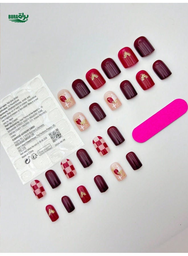 BURAQ Christmas Nail Art 24pcs/Set Christmas Red Tessellated Christmas Tree Press-On Patch Short Square Nail Art Set, + 1pc Gel Jelly + 1pc Nail File Decorate Your Nails And Enhance Your Fashionable Taste, Exquisite Design, Suitable For Women's Daily Life And Party Use, Suitable For Women's Gifts! - Image 2