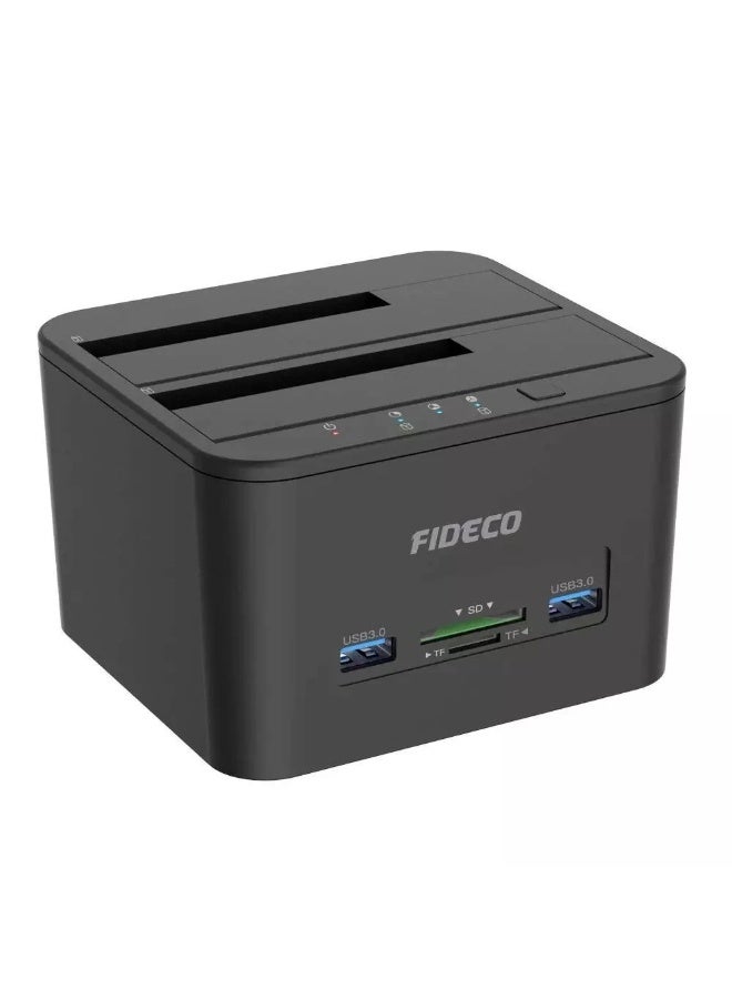 FIDECO USB 3.0 Dual Bay HDD SSD Docking Station YPZ04-S2H with Offline Clone, USB Hub & SD/TF Card Reader - Image 1