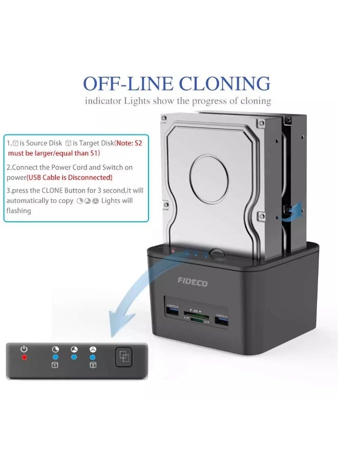 FIDECO USB 3.0 Dual Bay HDD SSD Docking Station YPZ04-S2H with Offline Clone, USB Hub & SD/TF Card Reader - Image 4