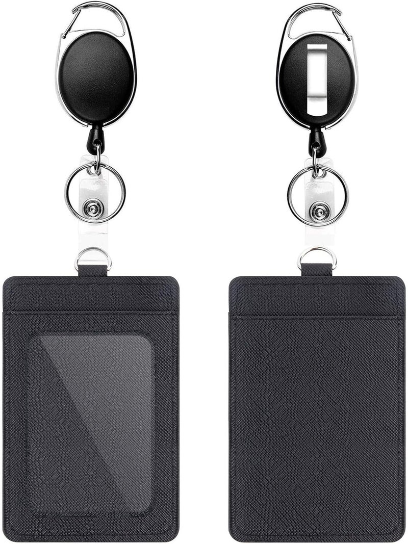 Badge Holders, 2 Pack Heavy Duty Retractable Reel Clips Set with Carabiner Reel Clip, Upgraded Retractable Badge Reel X 2 and Vertical Leather ID Card Holder X 2, Black - Image 1