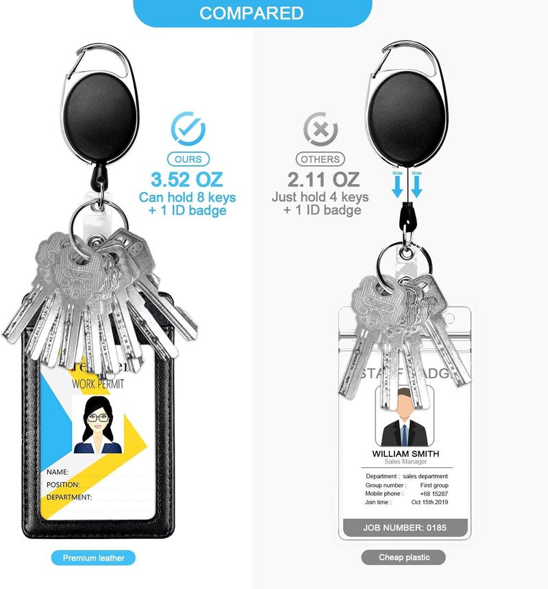 Badge Holders, 2 Pack Heavy Duty Retractable Reel Clips Set with Carabiner Reel Clip, Upgraded Retractable Badge Reel X 2 and Vertical Leather ID Card Holder X 2, Black - Image 3