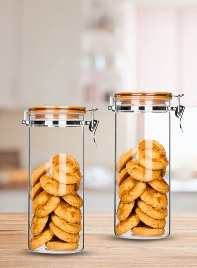 1Chase Borosilicate Glass Storage Jar With Clip and Airtight Bamboo Lid 1000 ML (Set of 2)