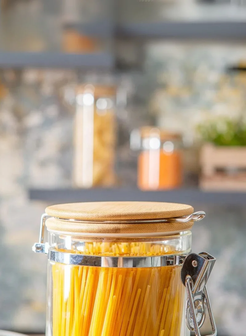 1Chase Borosilicate Glass Storage Jar With Clip and Airtight Bamboo Lid 1000 ML (Set of 2)