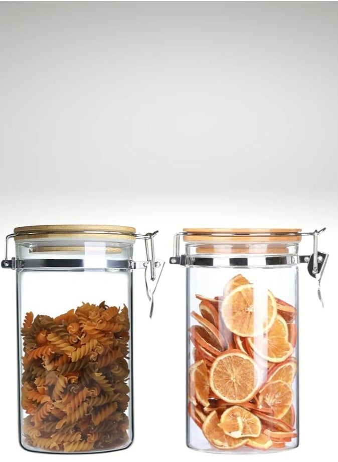 1Chase - Borosilicate Glass Storage Jar With Clip and Airtight Bamboo Lid 1000 ML (Set of 2) - Image 1
