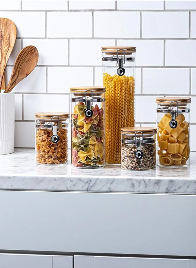 1Chase Borosilicate Glass Storage Jar With Clip and Airtight Bamboo Lid 1000 ML (Set of 2)