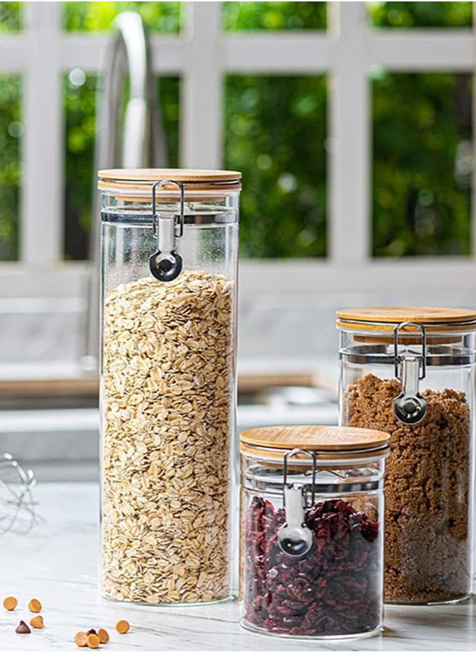 1Chase Borosilicate Glass Storage Jar With Clip and Airtight Bamboo Lid 1000 ML (Set of 2)