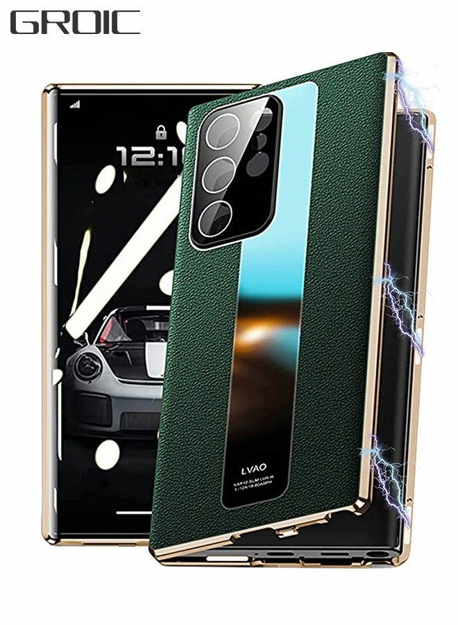 GROIC Magnetic Case for Samsung Galaxy S22 Ultra, Magnetic Tempered Glass Double-Sided Phone Case for S22 Ultra with Screen Protector, Leather Back Cover with Camera Cover for Galaxy S22 Ultra 5G-Gree