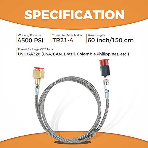 ETERMETA خرطوم محول ETERMETA CO2 لجهاز صنع الصودا، محول CGA320 إلى TR21-4 مع فولاذ مقاوم للصدأ عالي الضغط (60 بوصة)، متوافق مع أجهزة صنع الصودا Jet و Aqua Fizz و OneTouch - Image 2