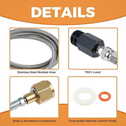 ETERMETA خرطوم محول ETERMETA CO2 لجهاز صنع الصودا، محول CGA320 إلى TR21-4 مع فولاذ مقاوم للصدأ عالي الضغط (60 بوصة)، متوافق مع أجهزة صنع الصودا Jet و Aqua Fizz و OneTouch - Image 3